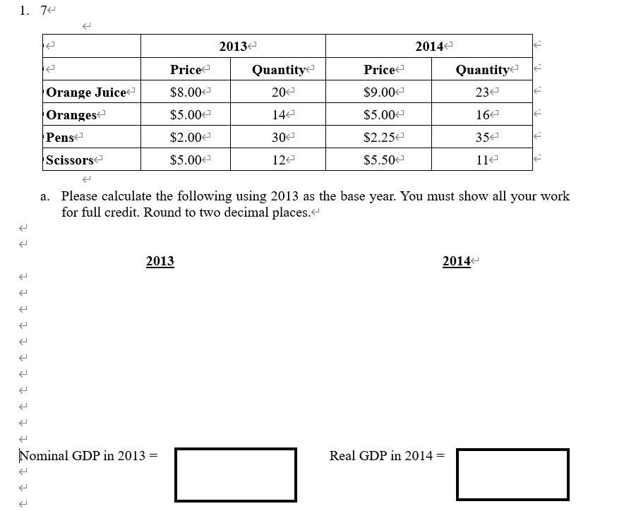 Pricee $8.ooe $5.ooe $2.ooe $5.ooe 2013e Quantitye 20e 2014e Orange Juicee Oranges