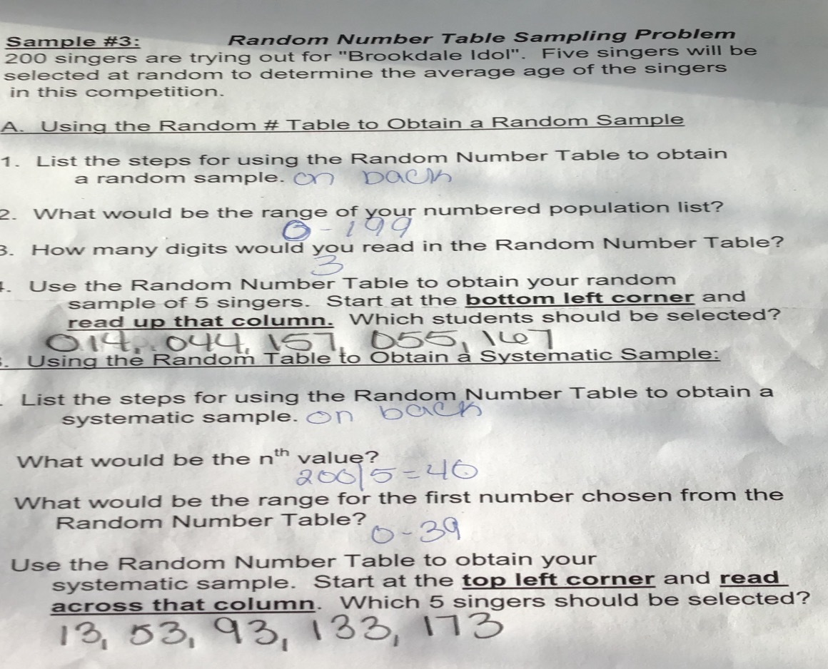  Sample #3: Random Number Table Sampling Problem 200 singers are trying