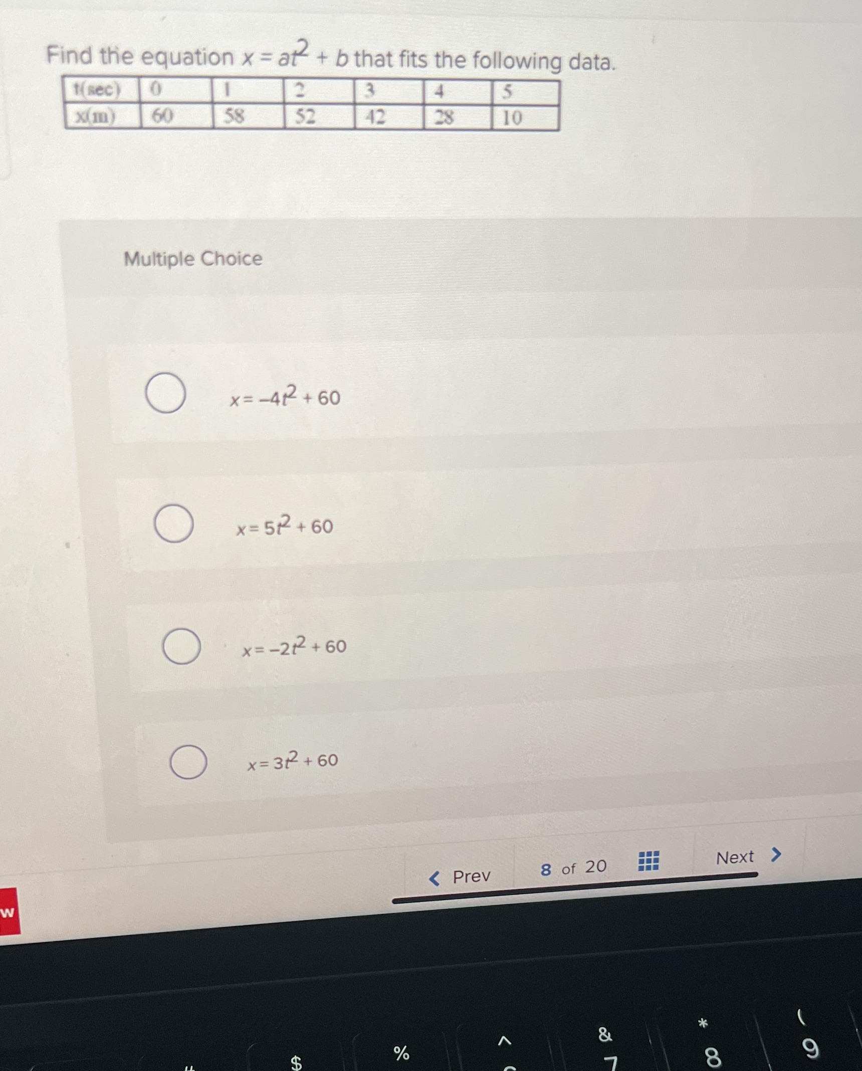  Find the equation x = at + b that fits the
