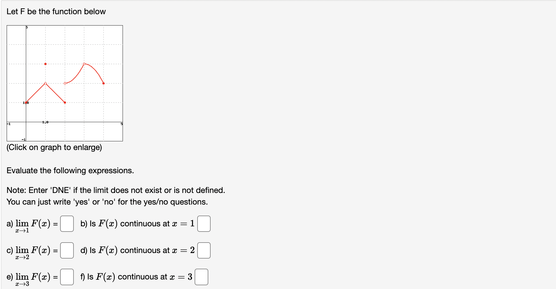 Evaluate the following expressions. Note: Enter 'DNE' if the limit does not