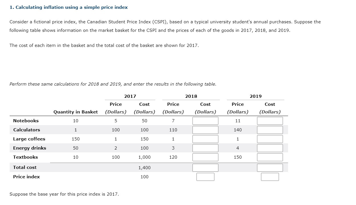  1. Calculating inflation using a simple price index Consider a ctional