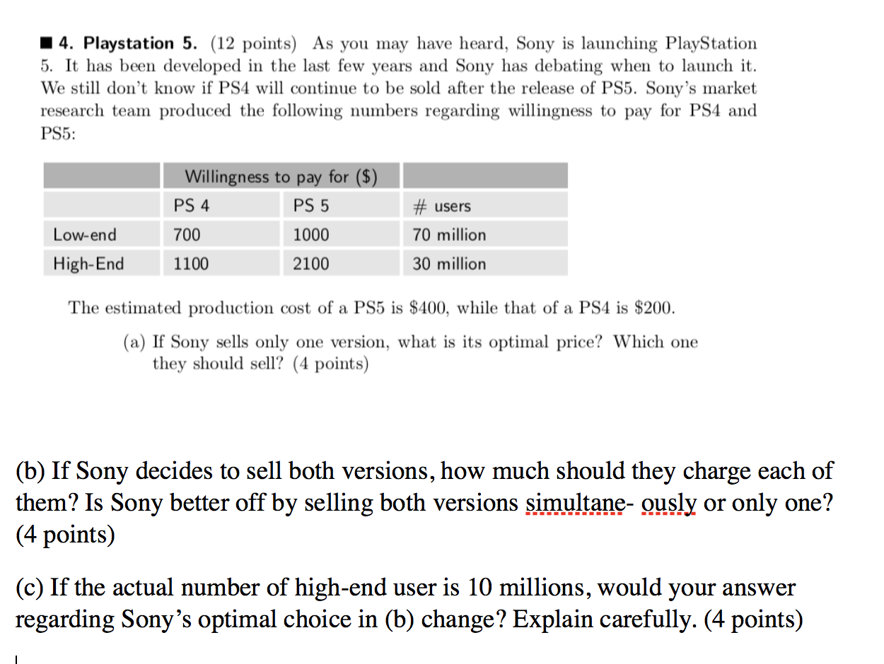 Question for Competitve Analysis 4. Playstation 5. (12 points) As you may
