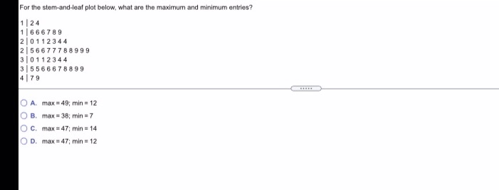  For the stem-and-leaf plot below, what are the maximum and minimum