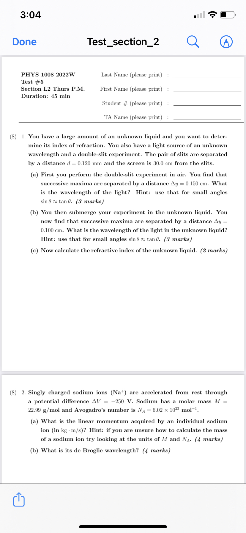  3:04 .ul 4? [1' Done Test_section_2 Q PHYS 1008 2022W Last