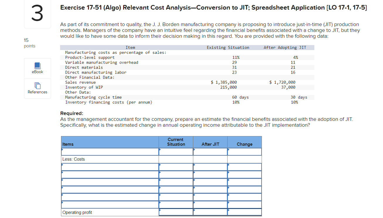  Exercise 17-51 (Algo) Relevant Cost AnalysisConversion to JIT; Spreadsheet Application [LO