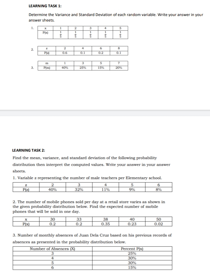 THANKYOUUUUU LEARNING TASK 1: Determine the Variance and Standard Deviation of each