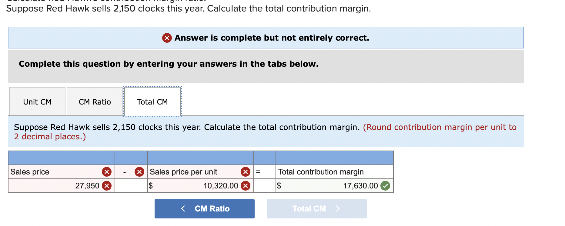 2,150 clocks this year. Calculate the total contribution margin. 0 Answer is