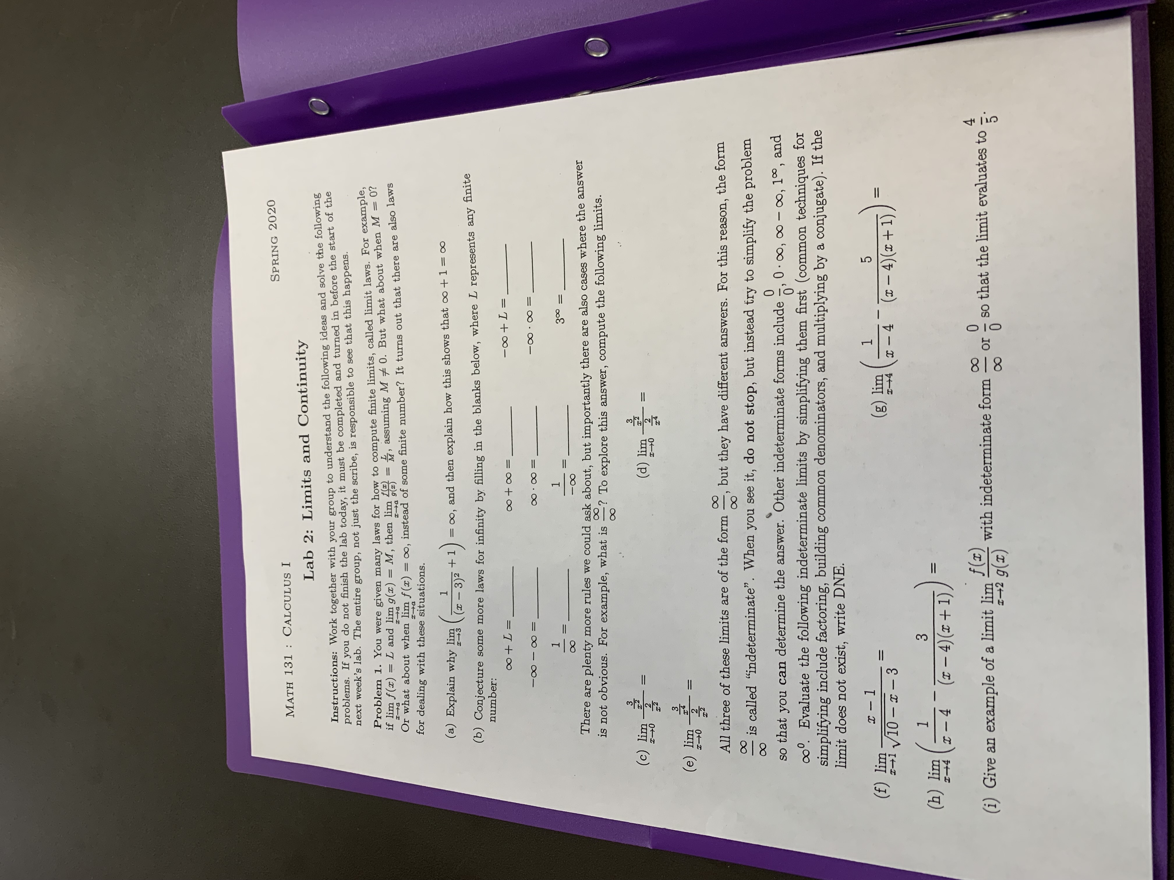  SPRING 2020 MATH 131 : CALCULUS I Lab 2: Limits and