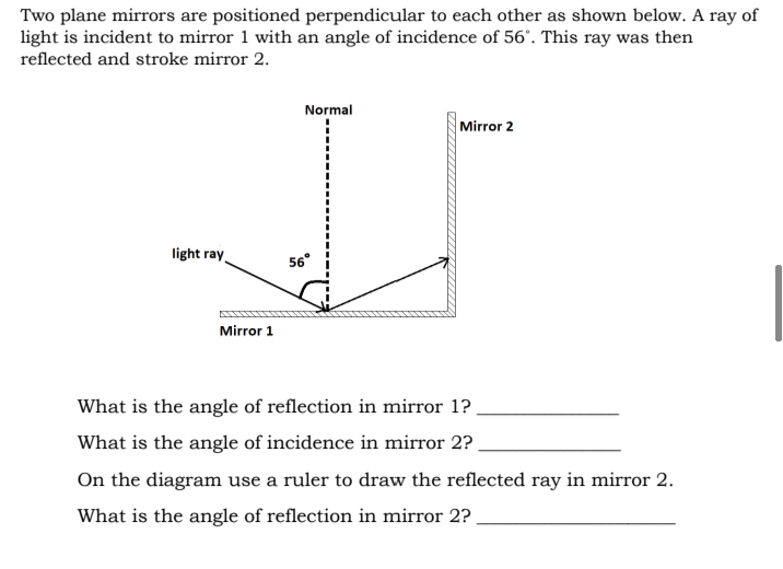 Write on the angle of incidence and reflection per mirror used. Draw