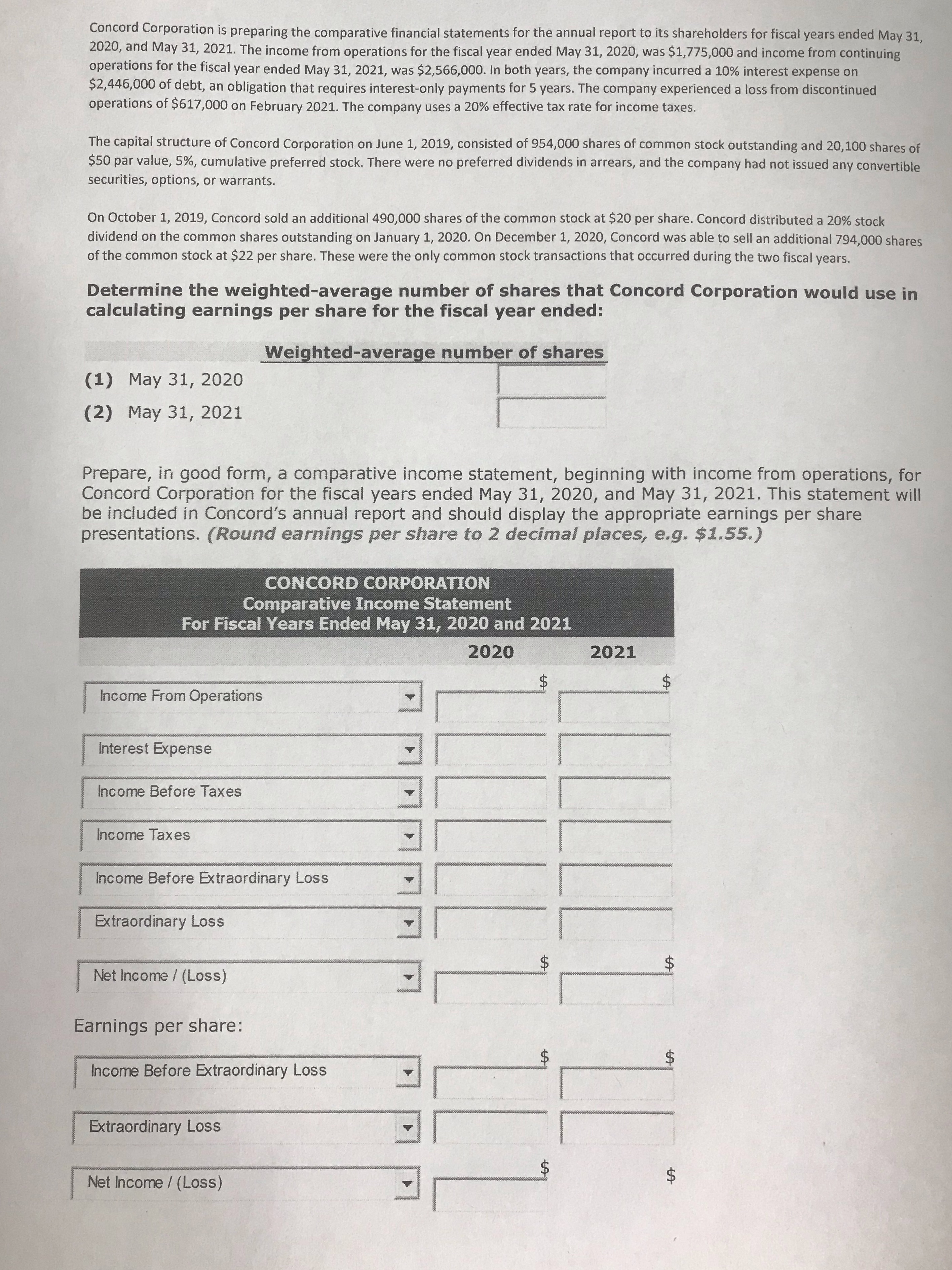 Help me please Concord Corporation is preparing the comparative financial statements for