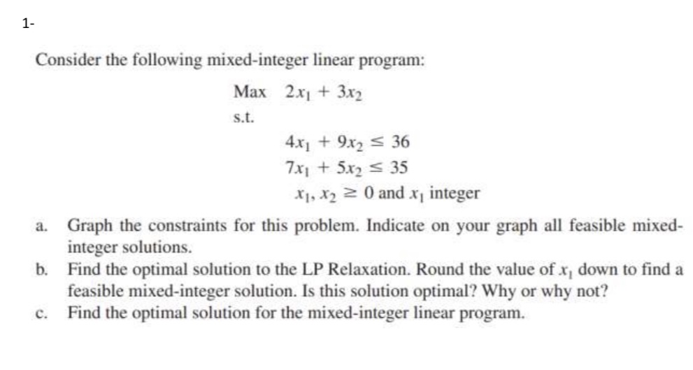  1- Consider the following mixed-integer linear program: Max 2x1 + 3x2