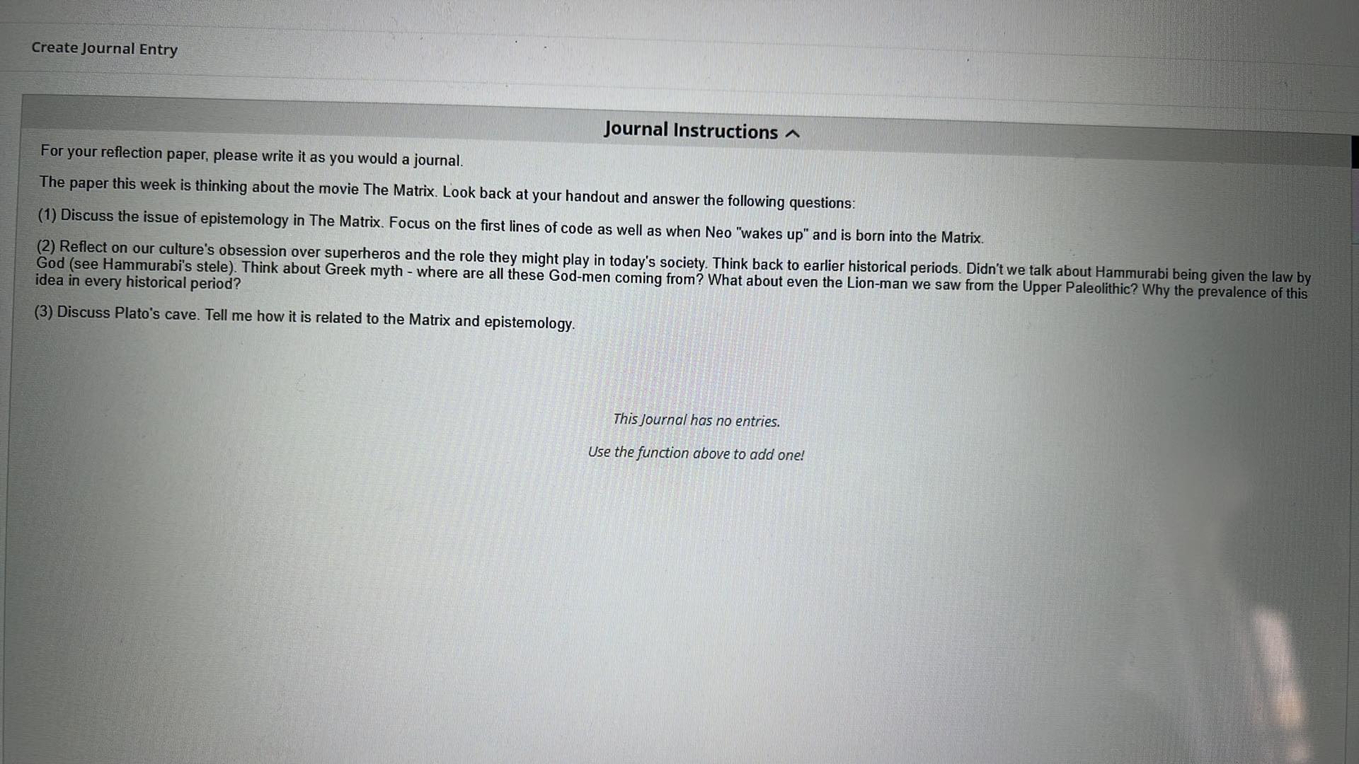 Create Journal Entry Journal Instructions ~ For your reflection paper, please