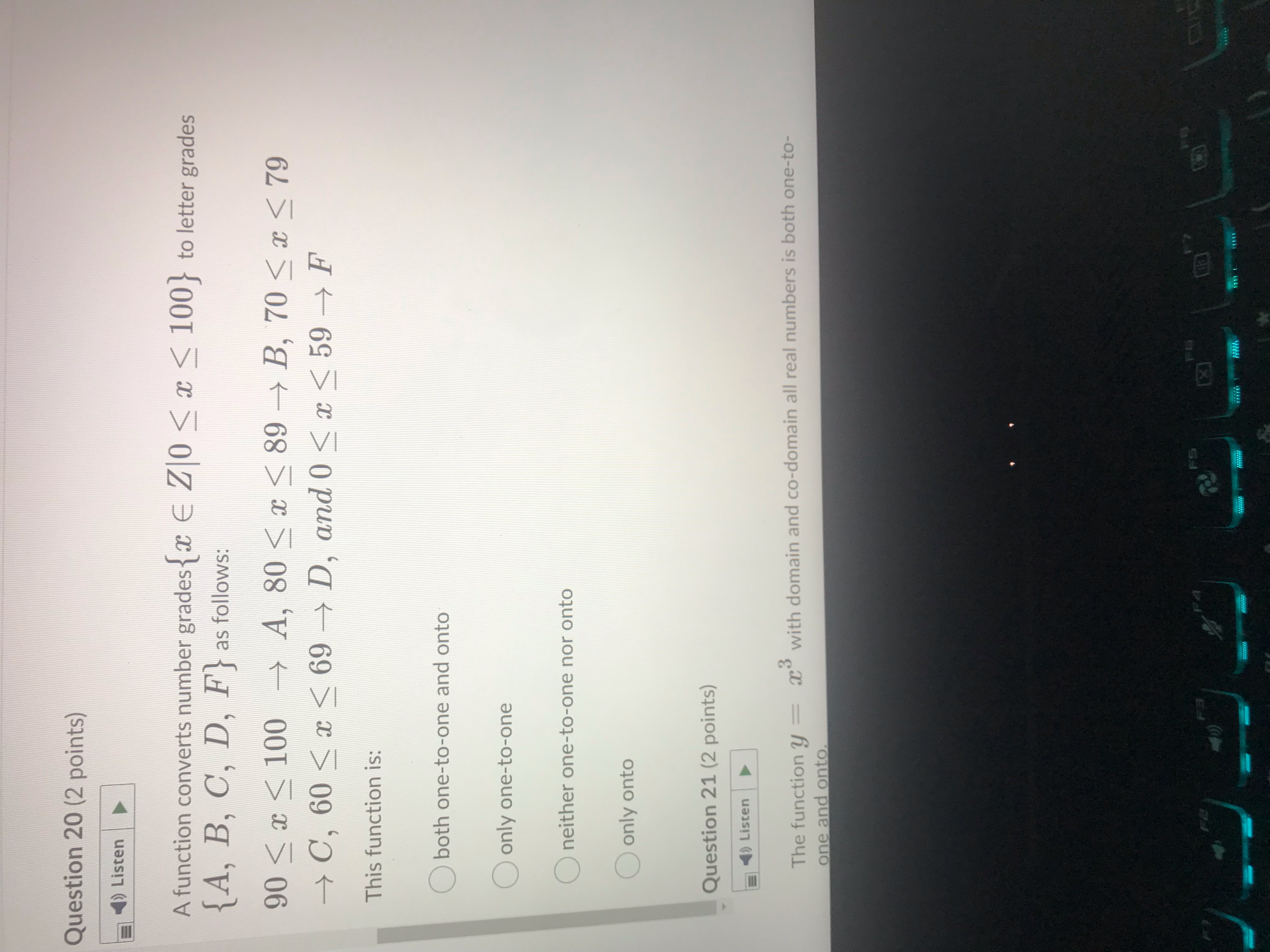  Question 20 (2 points) )Listen A function converts number grades {{x