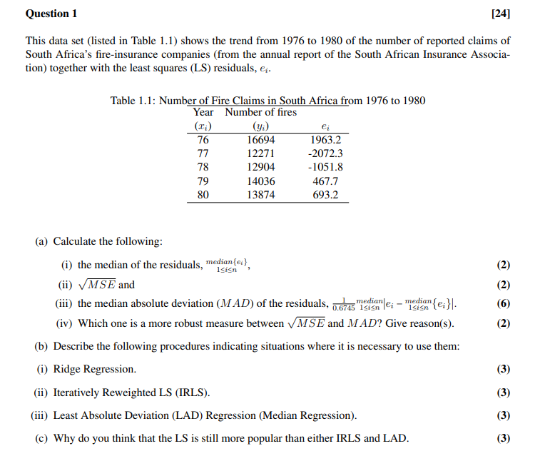  Question 1 [14] This data set (listed in Table 1.1} shows