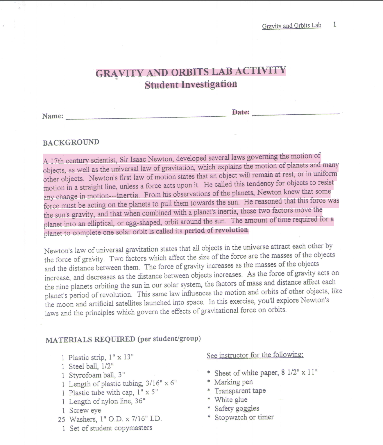  Gravitv and Orbits Lab 1 GRAVITY AND ORBITS LAB ACTIVITY Student