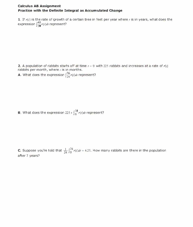 Calculus AB Assignment Practice with the Definite Integral as Accumulated Change