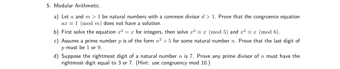 provide a handwritten solution for each question 5. Modular Arithmetic. a) Let