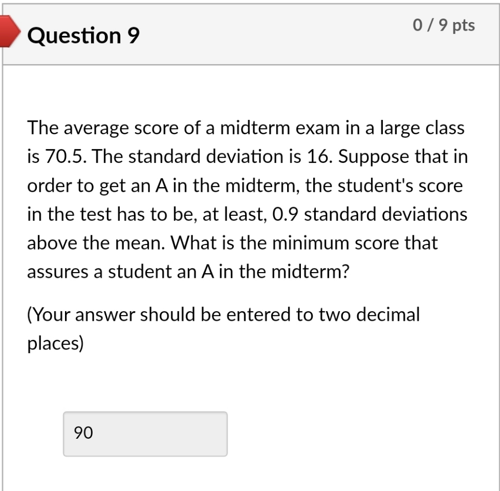 answer please Question 9 0 I 9 pts The average score of