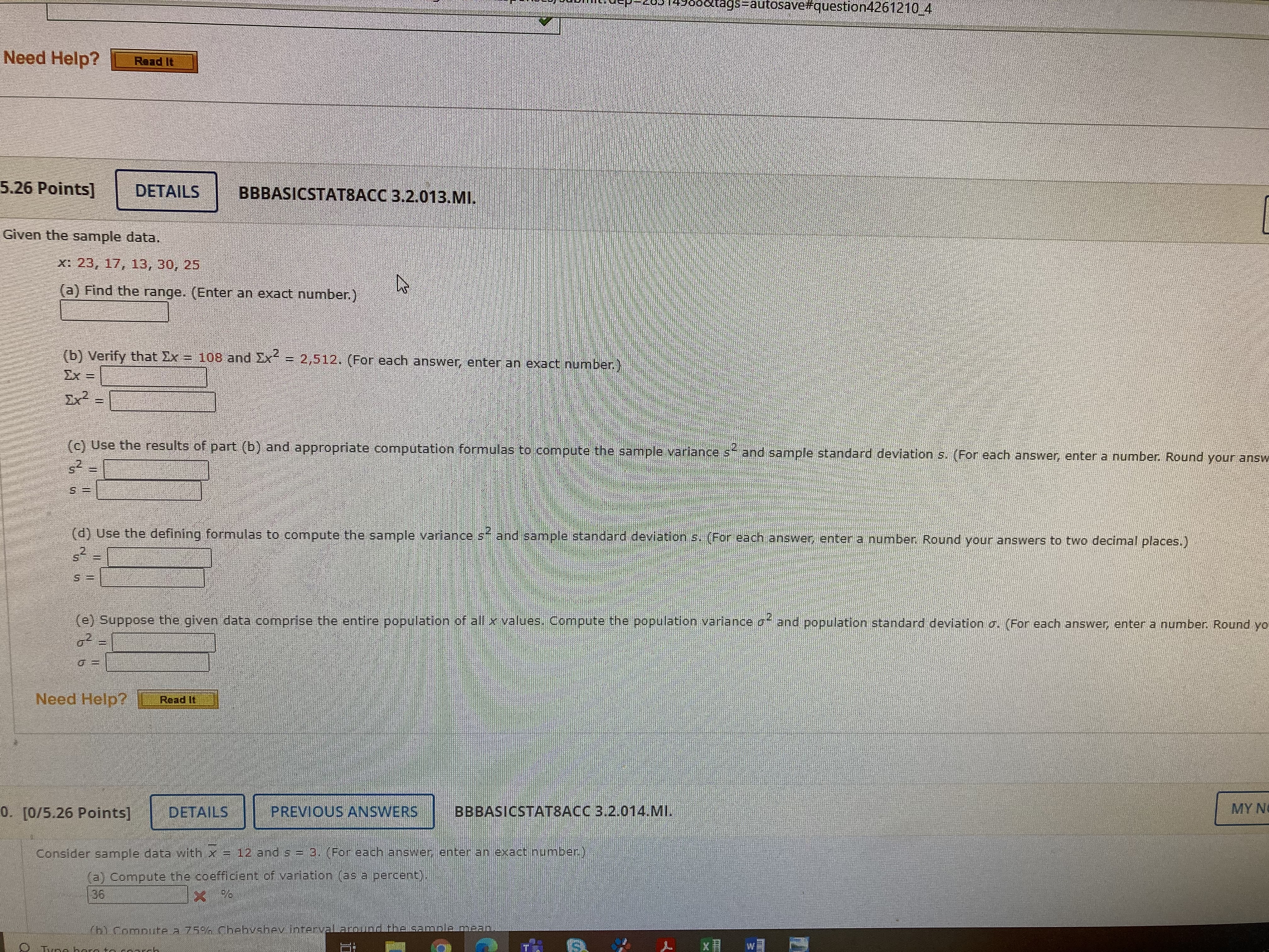  autosave#question4261210_4 Need Help? Read It 5.26 Points] DETAILS BBBASICSTATSACC 3.2.013.MI. Given