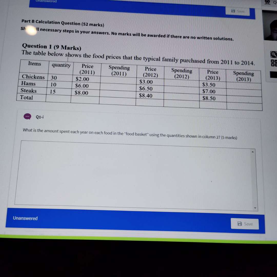 ed Save Part B Calculation Question (52 marks) Sh I necessary