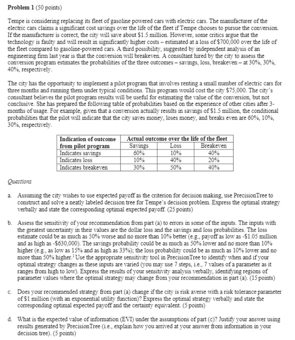 Please answer using excel sheet Problem 1 (50 points) Tempe is considering