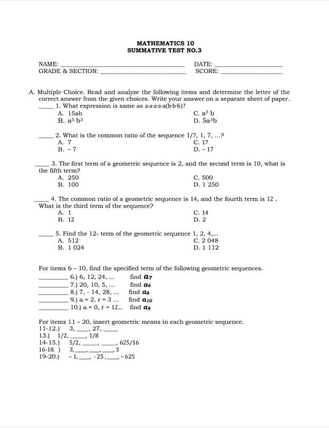  MATHEMATICS 10 SUMMATIVE TEST NO.3 NAME: DATE: GRADE & SECTION: SCORE: