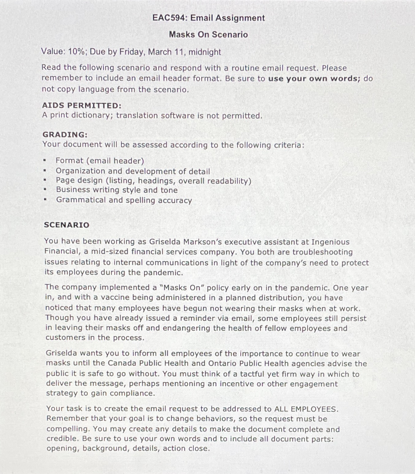  EAC594: Email Assignment Masks On Scenario Value: 10%; Due by Friday,
