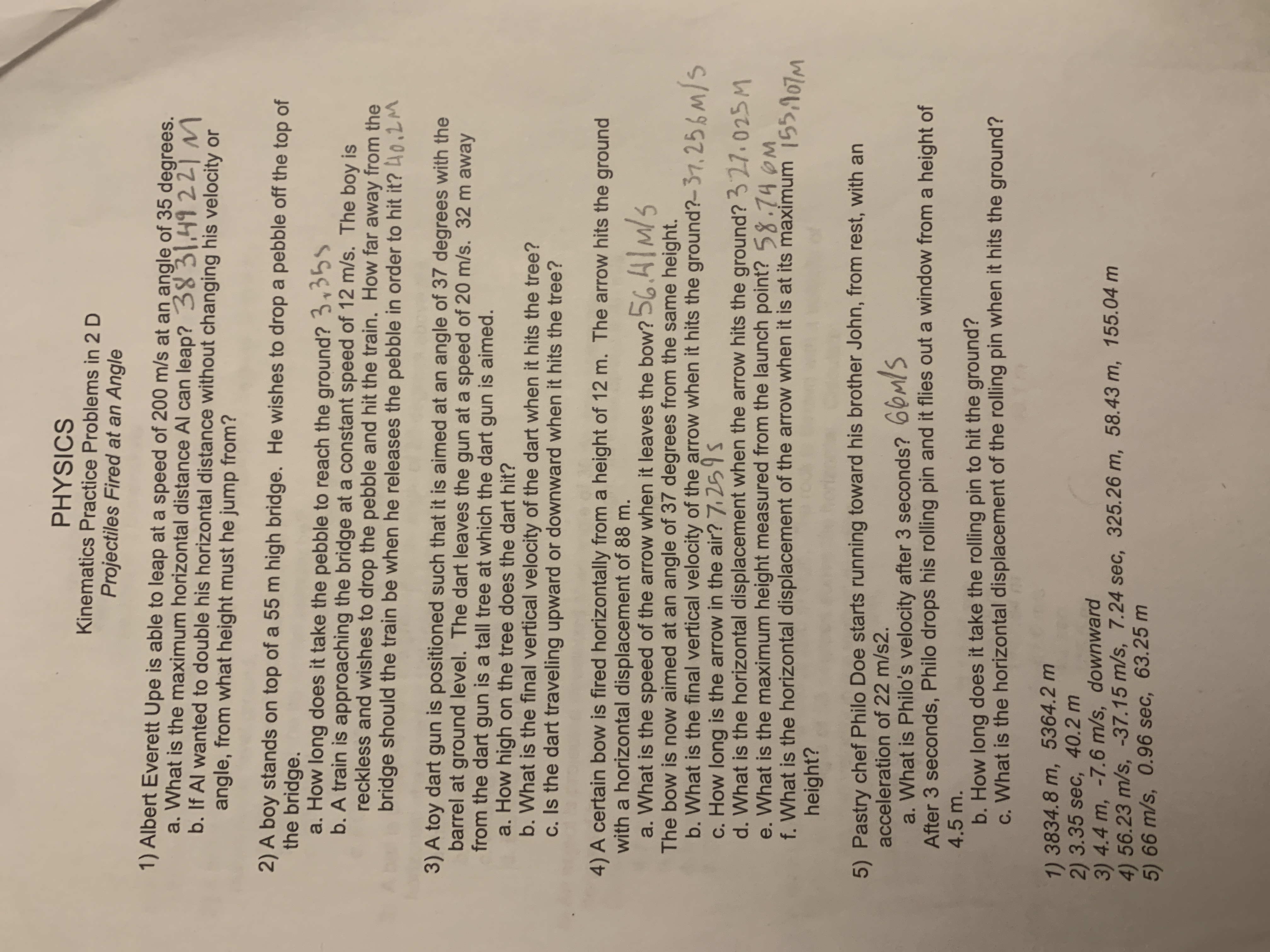 PHYSICS Kinematics Practice Problems in 2 D Projectiles Fired at an