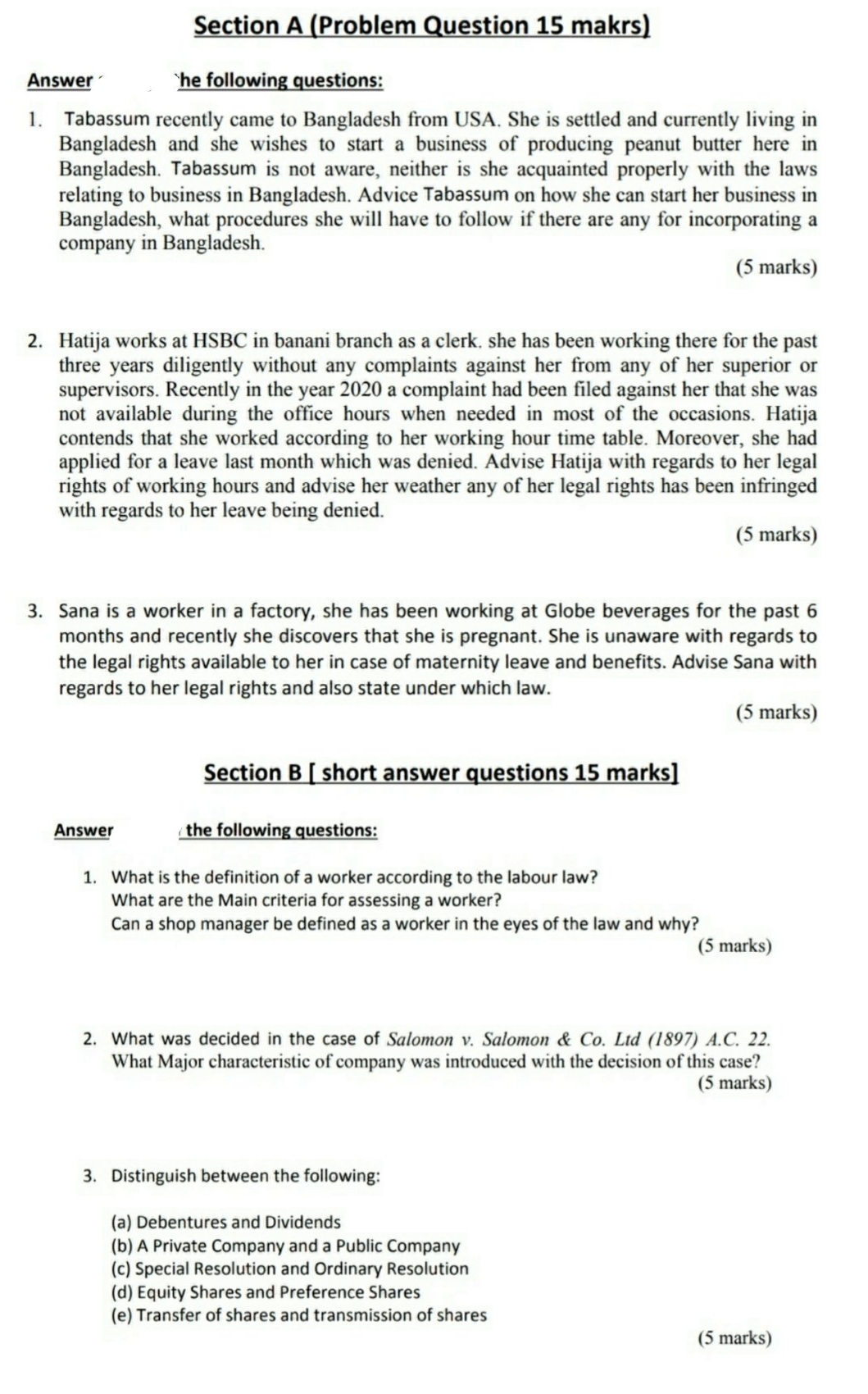 Please answer all these questions Section A (Problem Question 15 makrs) Answer