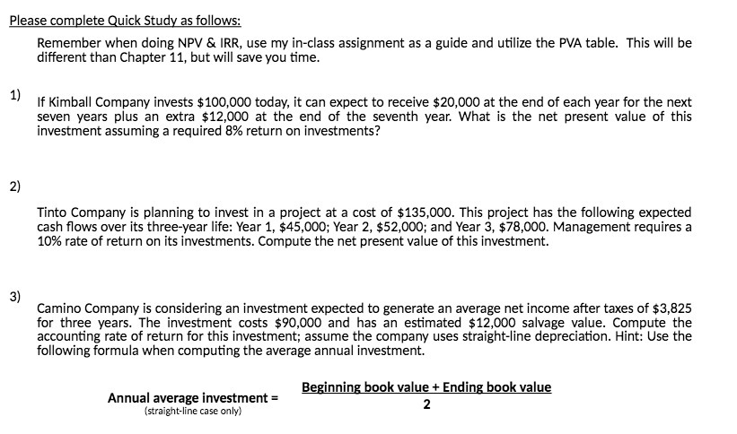 IRR, use my in-class assignment as a guide and utilize the WA