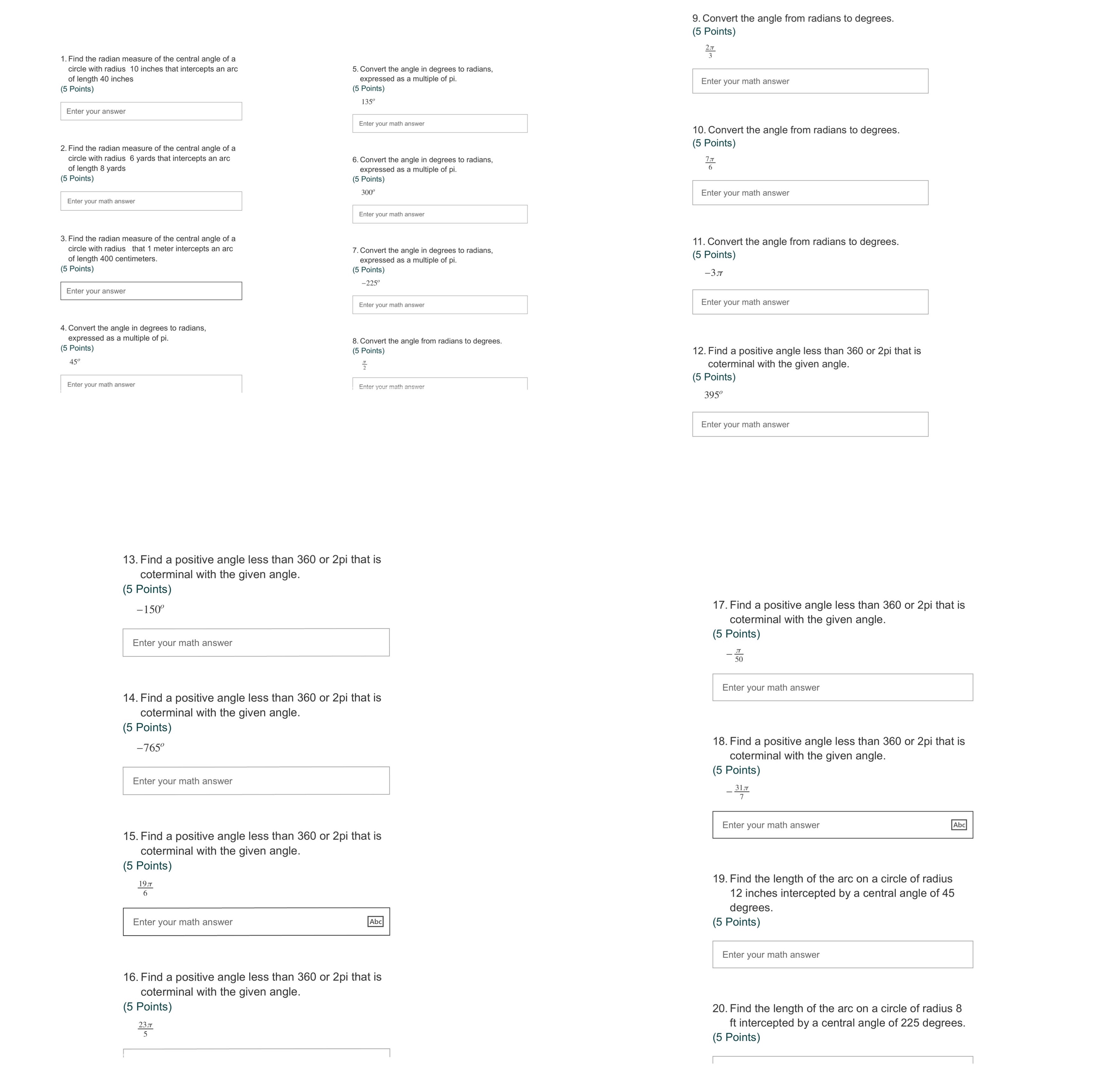 Answer 1-20 please. Thank You. 9. Convert the angle from radians to