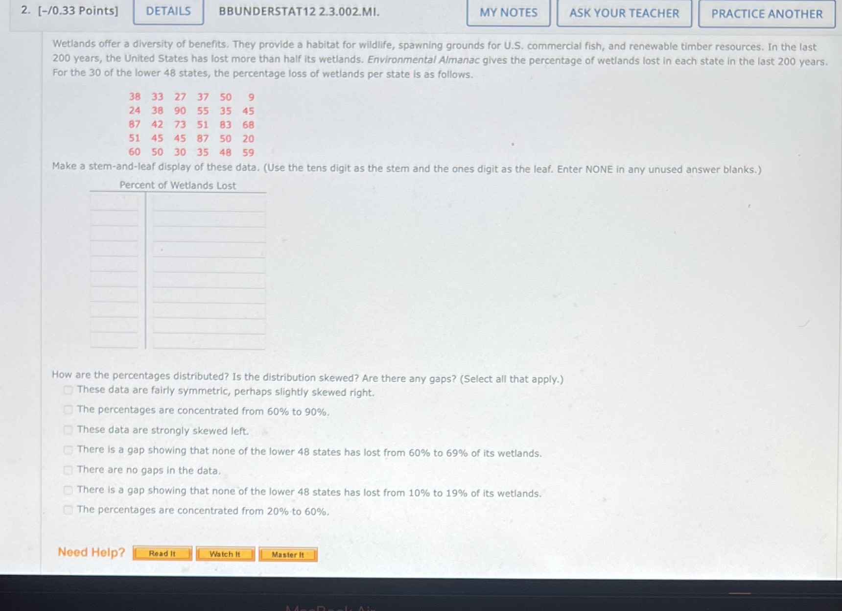  2. [-/0.33 Points] DETAILS BBUNDERSTAT12 2.3.002.MI. MY NOTES ASK YOUR TEACHER