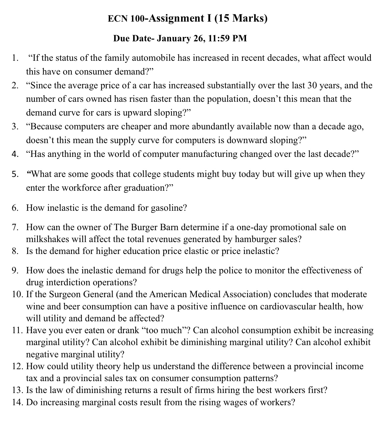  1. 10. 11. 12. 13. ECN 100-Assignment I (15 Marks) Due