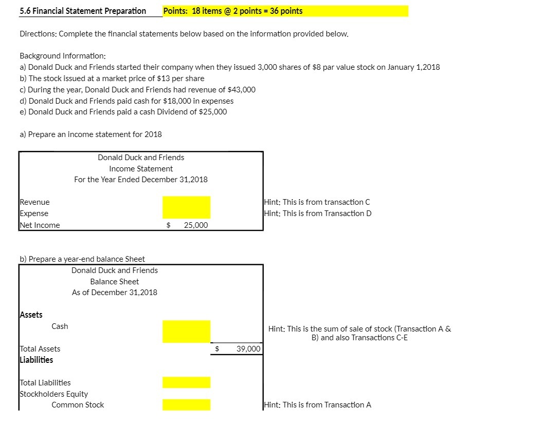 36 points Directions: Complete the financial statements below based on the information