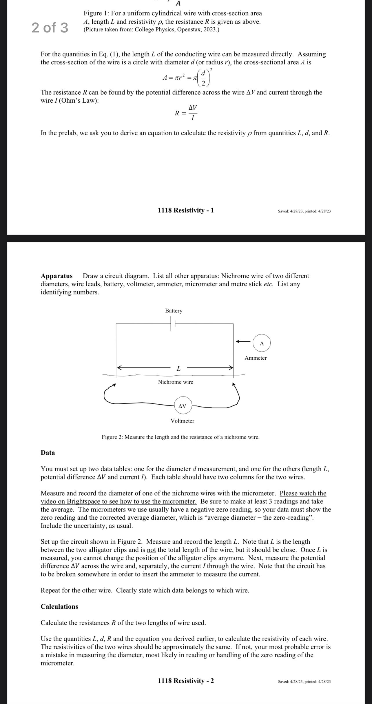 2 of 3 A, length L and resistivity p, the resistance R