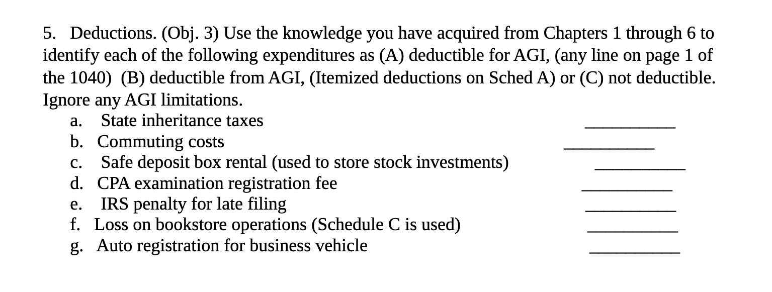 Chapters 1 through 6 to identify each of the following expenditures as