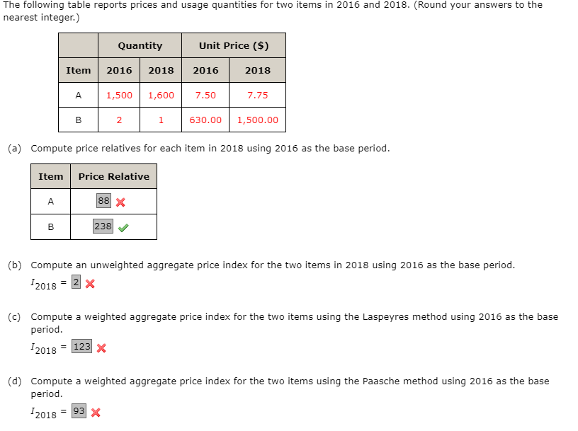 The following lable reports prices and usage quanties for two items