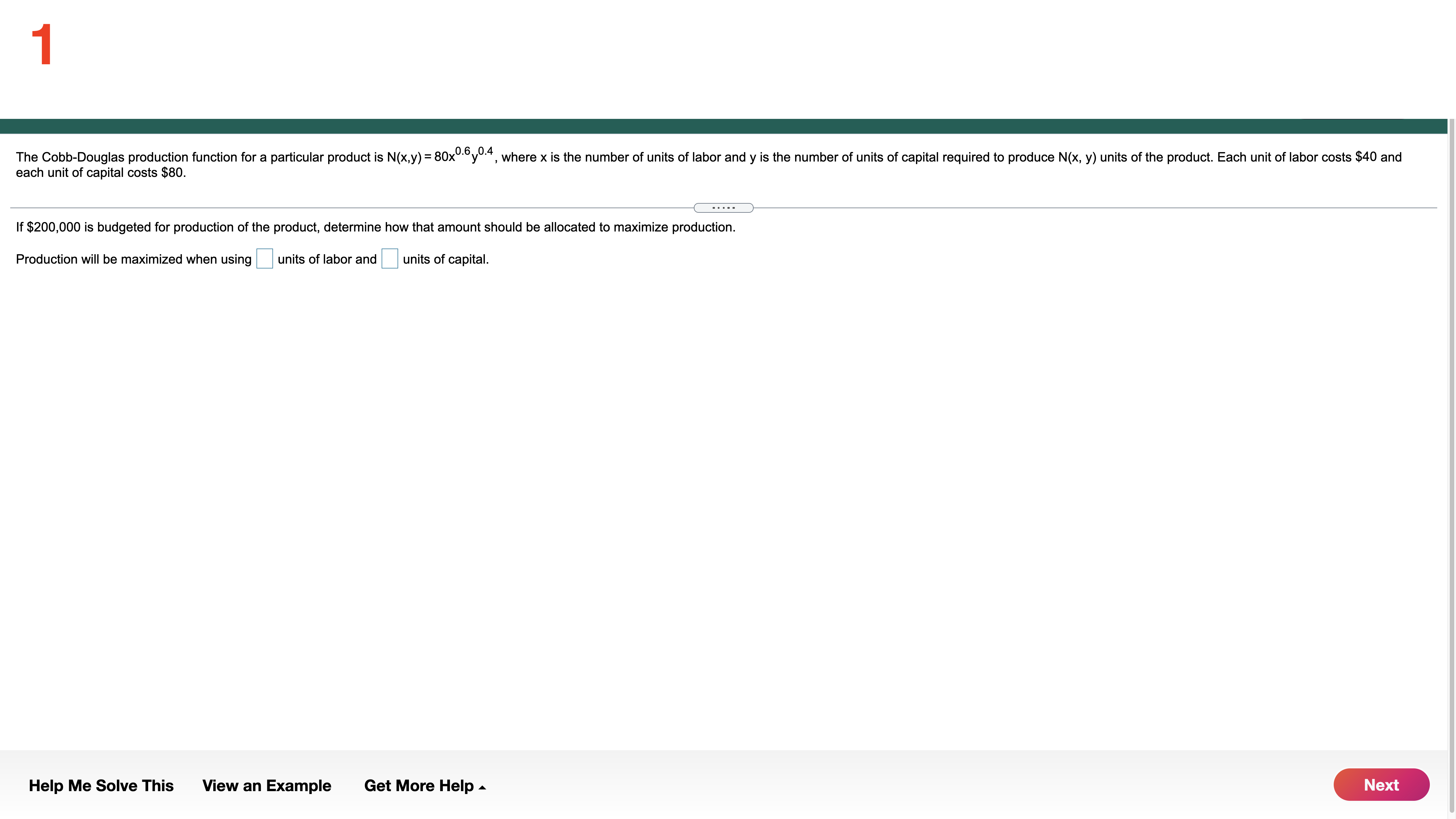 capital required to produce N(x, y) units of the product Each unit