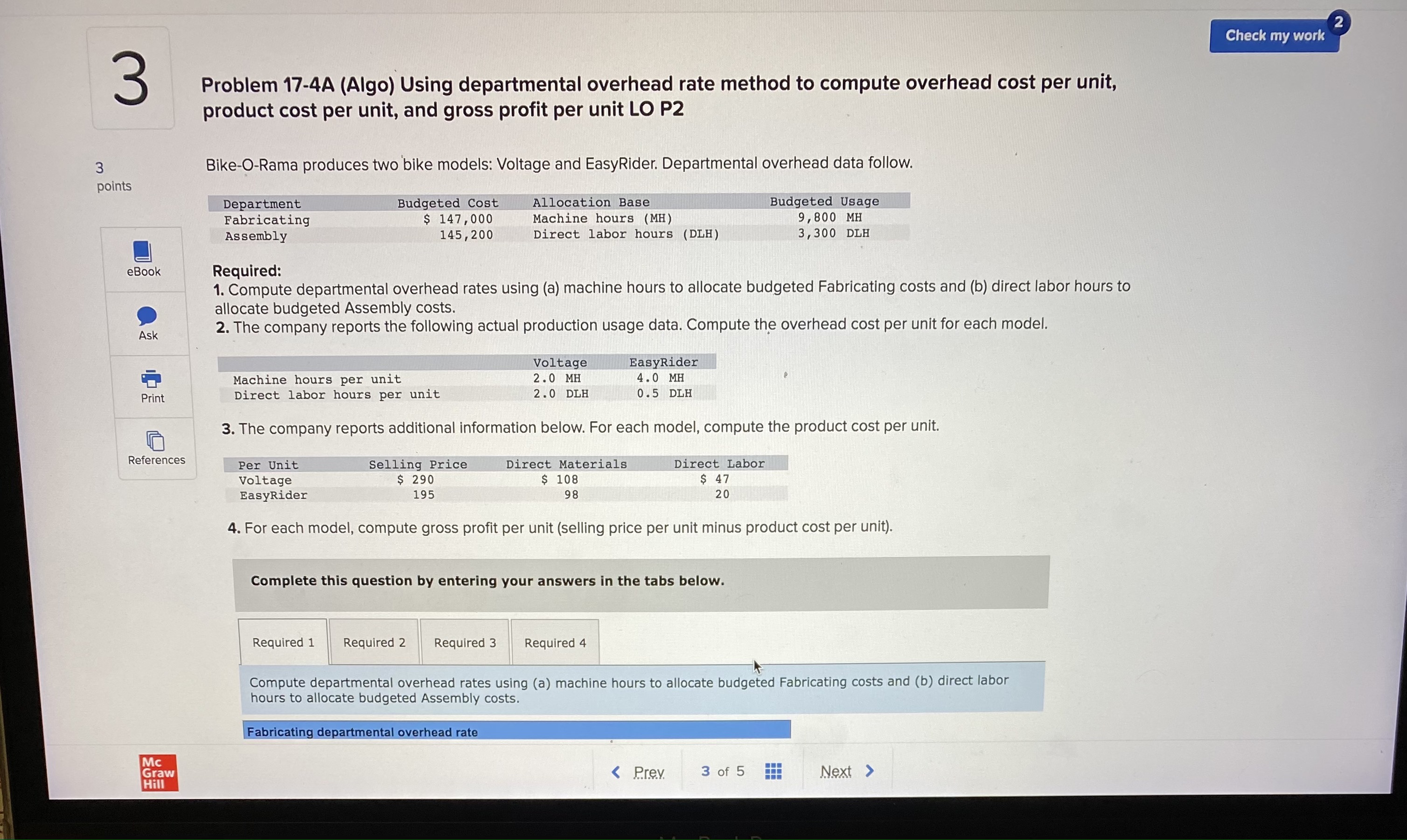 Check my work Problem 17-4A (Algo) Using departmental overhead rate method to