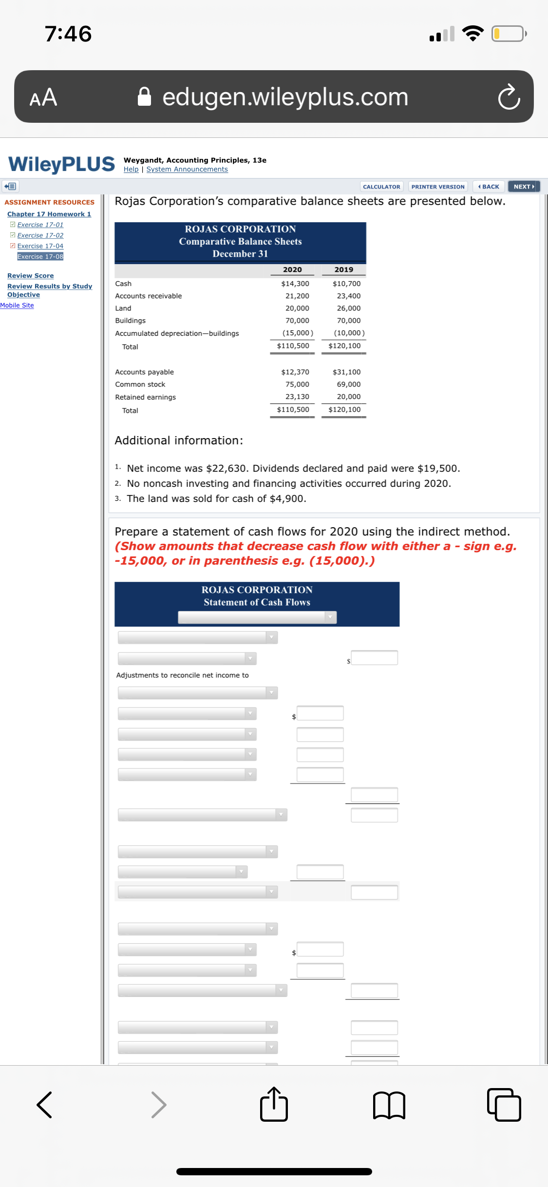 income was $22,630. Dividends declared and paid were $19,500. M Exercise 17-02