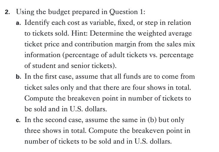 2. Using the budget prepared in Question 1: a. Identify each