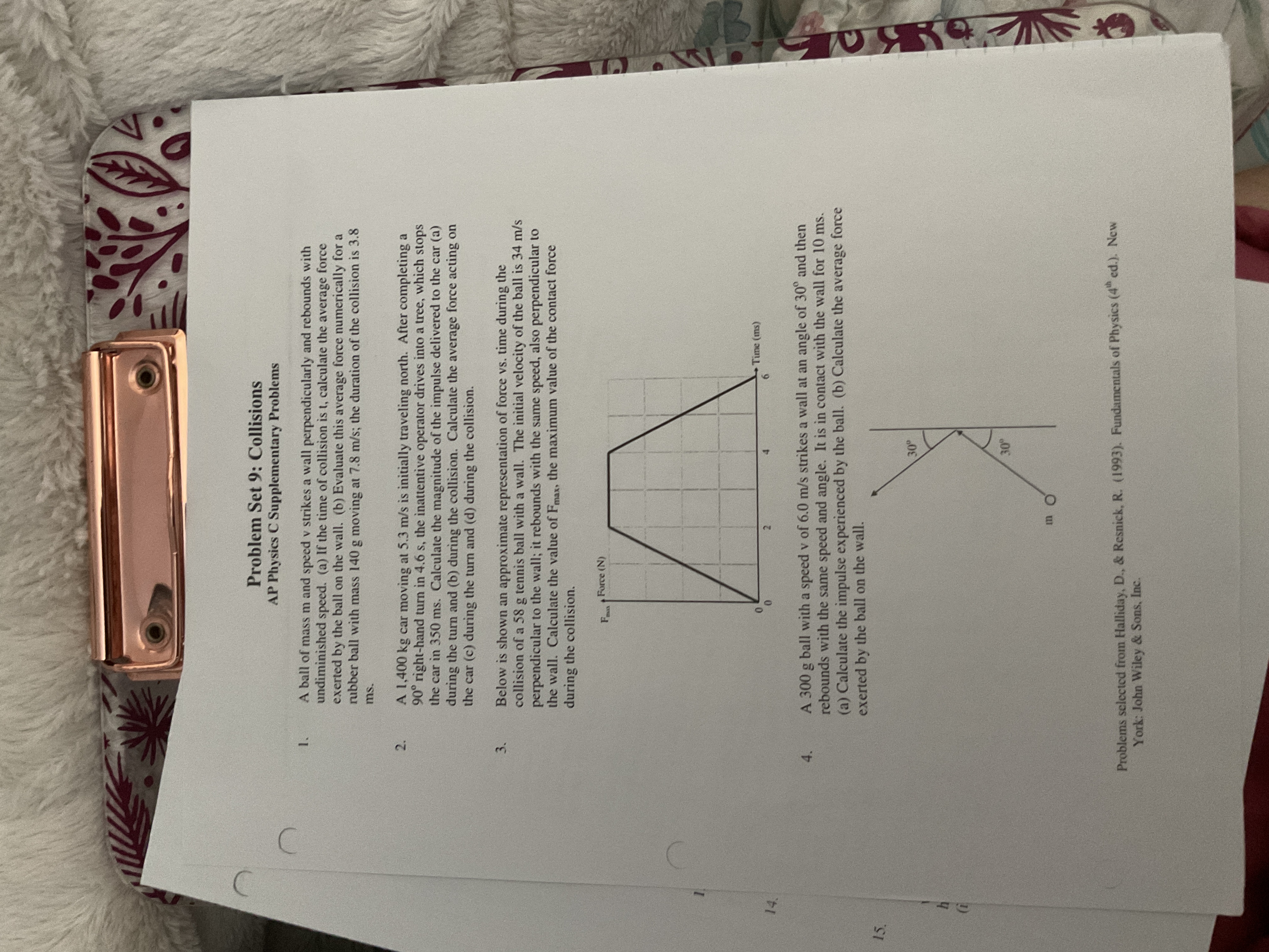 rebounds with undiminished speed. (a) If the time of collision is t,