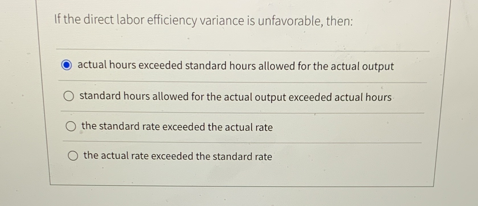 What's the correct answer? If the direct labor efficiency variance is unfavorable,
