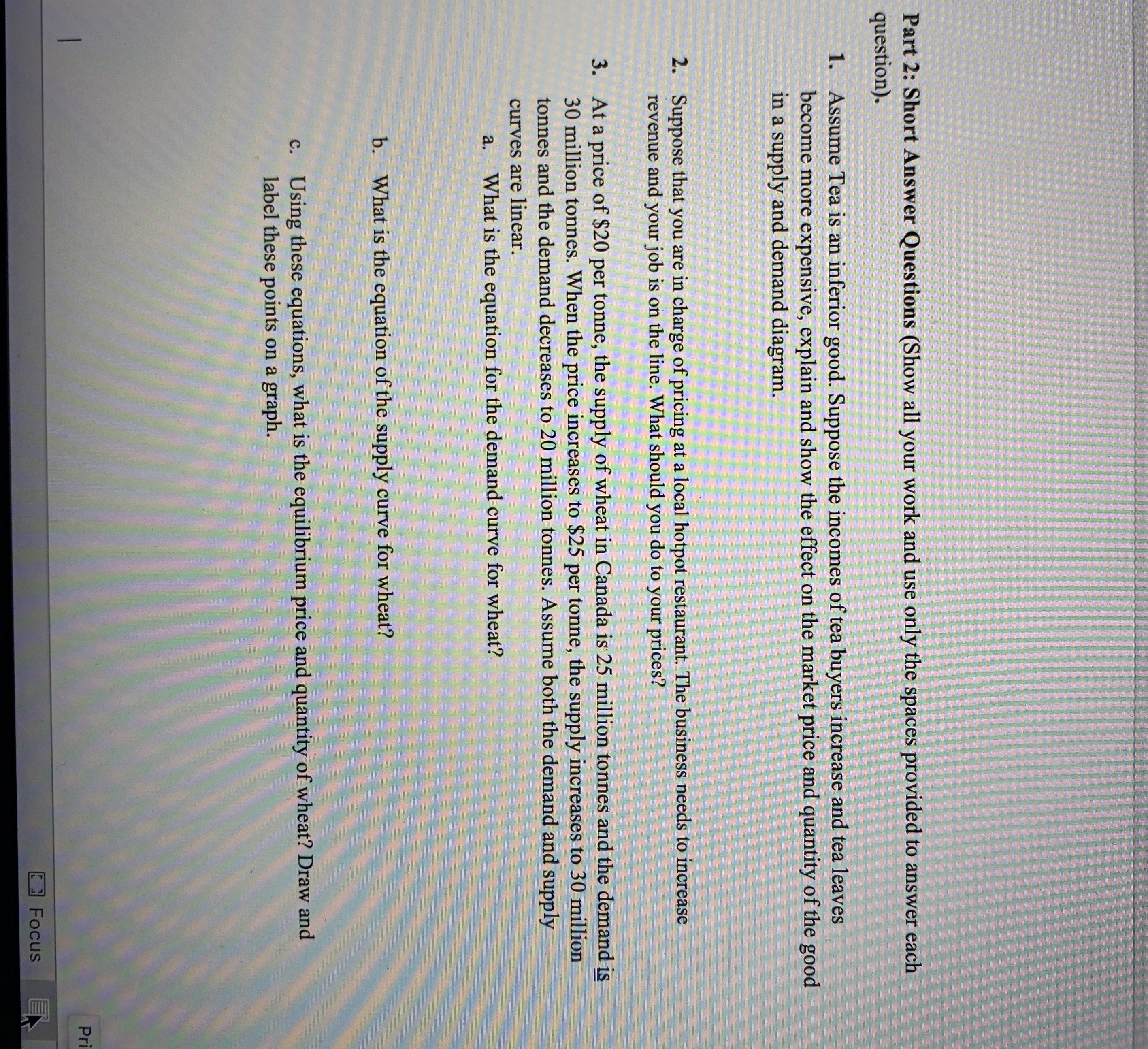 Help needed on answering this question Part 2: Short Answer Questions (Show