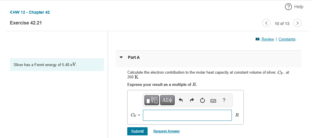 Help Review | Constants Part A Silver has a Fermi energy of