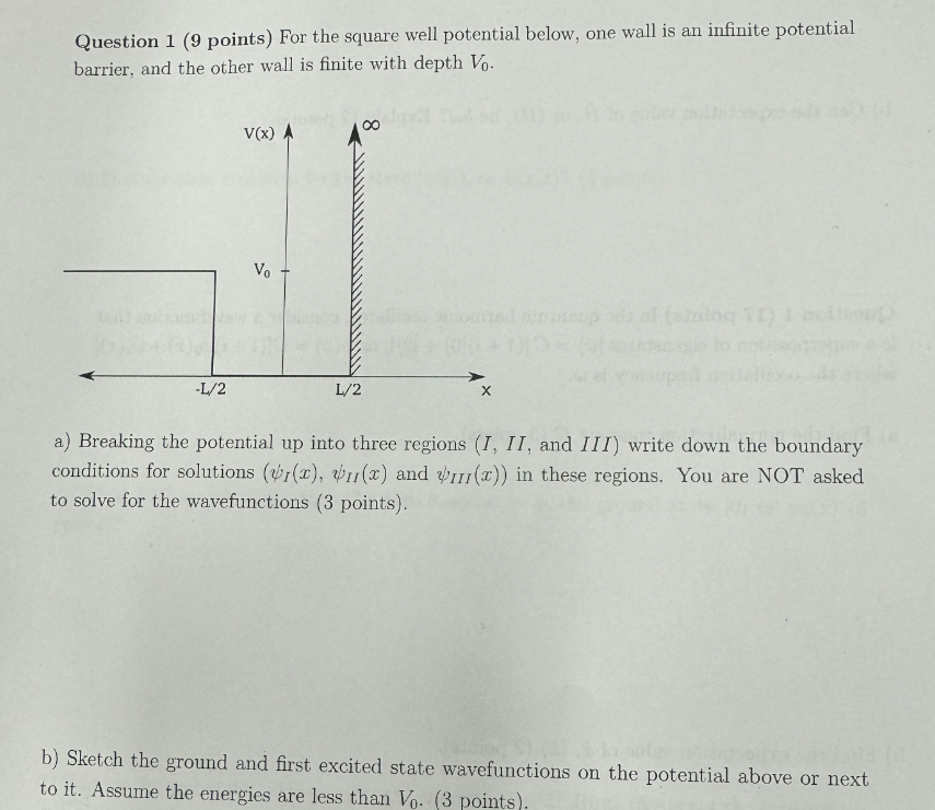  Question 1 (9 points) For the square well potential below, one