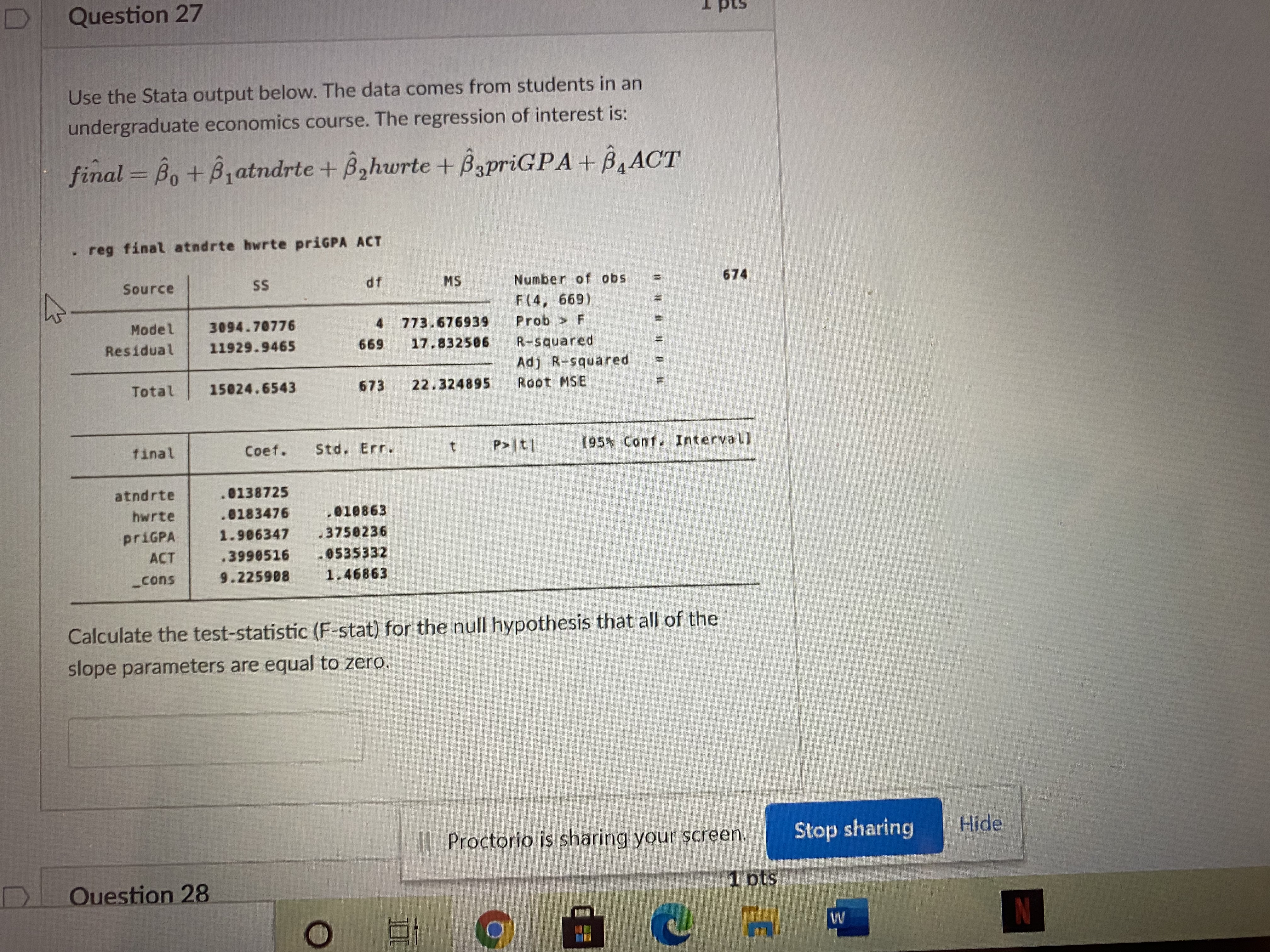 Please see D Question 27 Use the Stata output below. The data