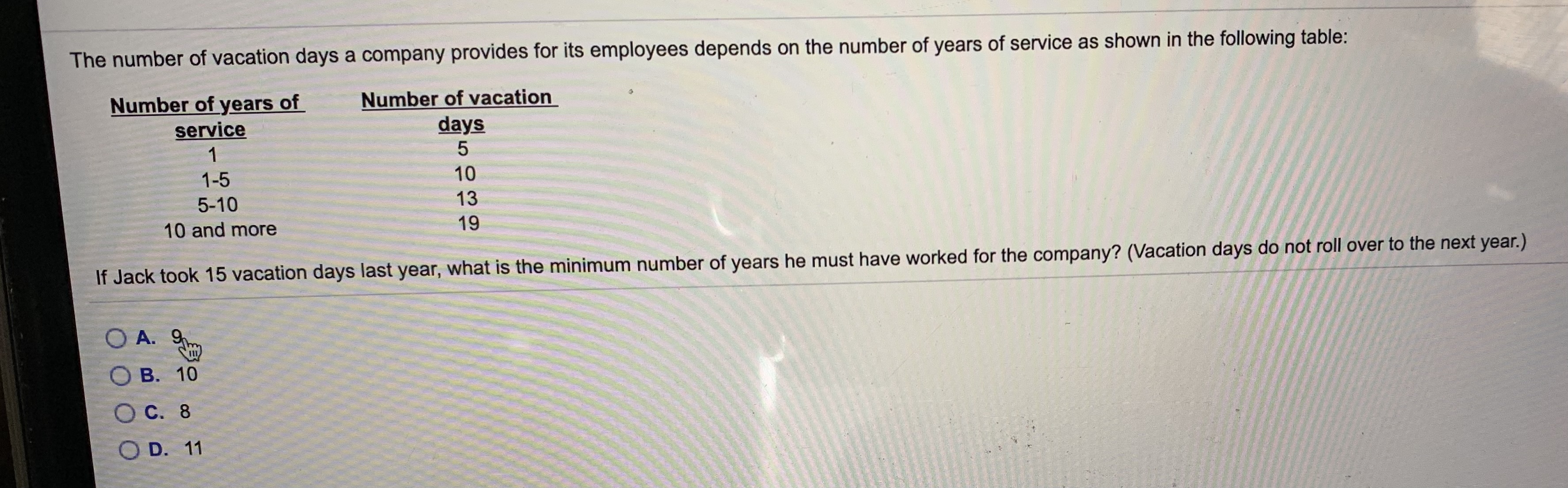 of vacation days a company provides for its employees depends on the