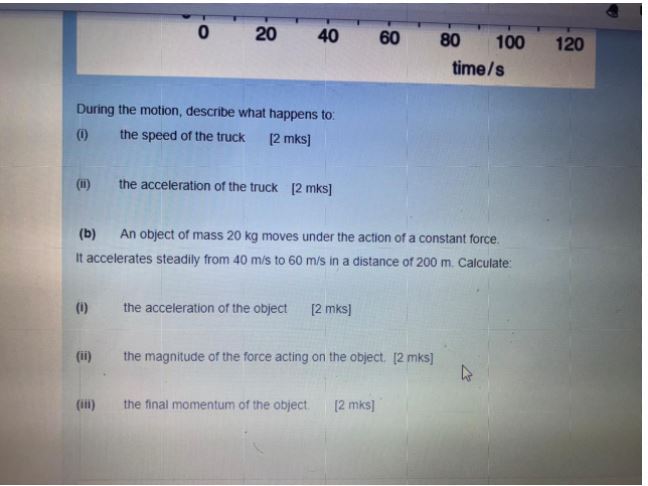 100 time's 120 (b) An object of mass 20 kg rnoves under