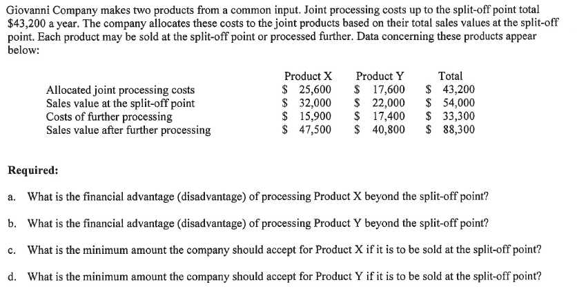 See Problem below to solve A, B, C, & D: Giovanni Company